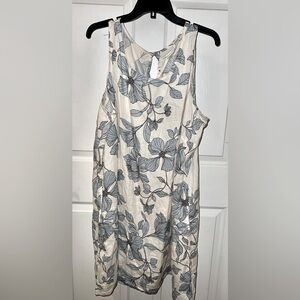 NWOT 100% Linen Dress: Cream color with Blue Flowers with POCKETS!
